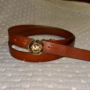 Michael Kors Brown Leather Belt with Gold MK Logo